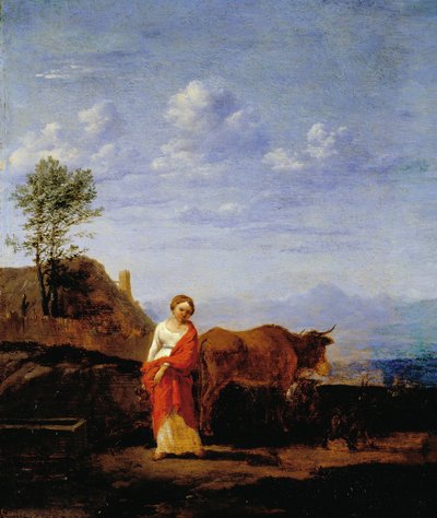 Uma mulher com vacas em uma estrada de Karel Du Jardin